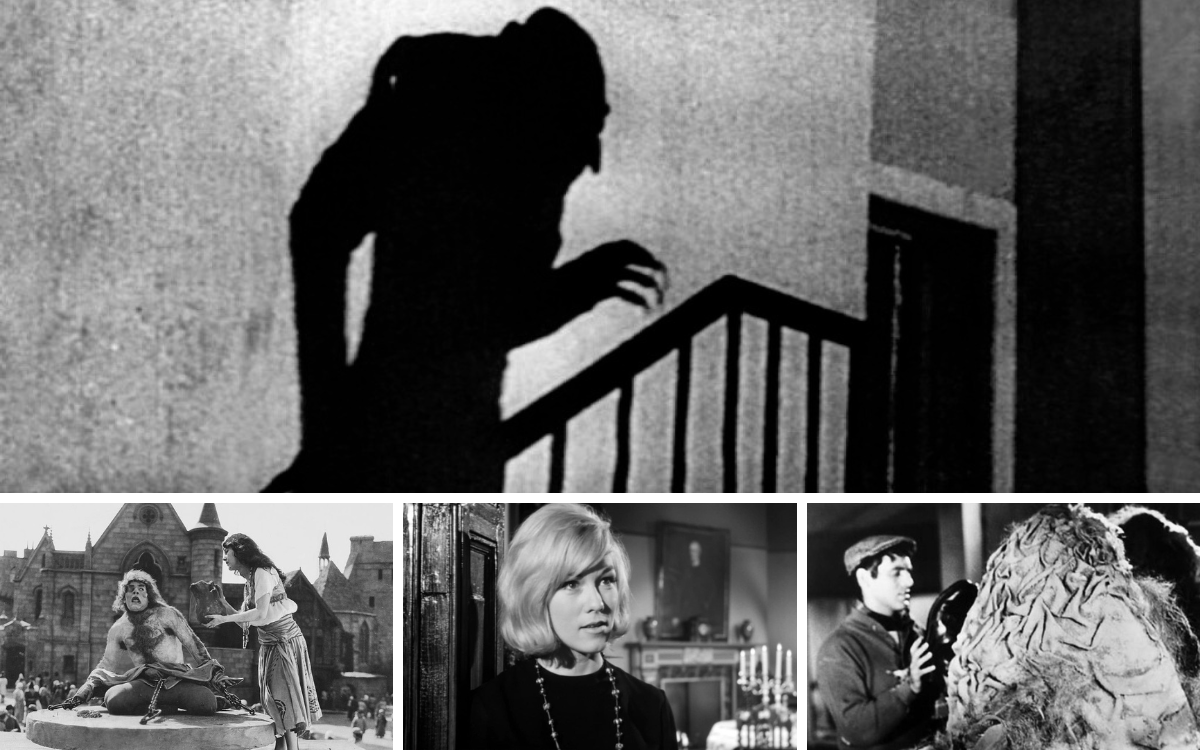 A collage of movie stills (a shadow of a vampire, a hunchback and a woman, a woman staring in the distance, and a man with an oversized plant)