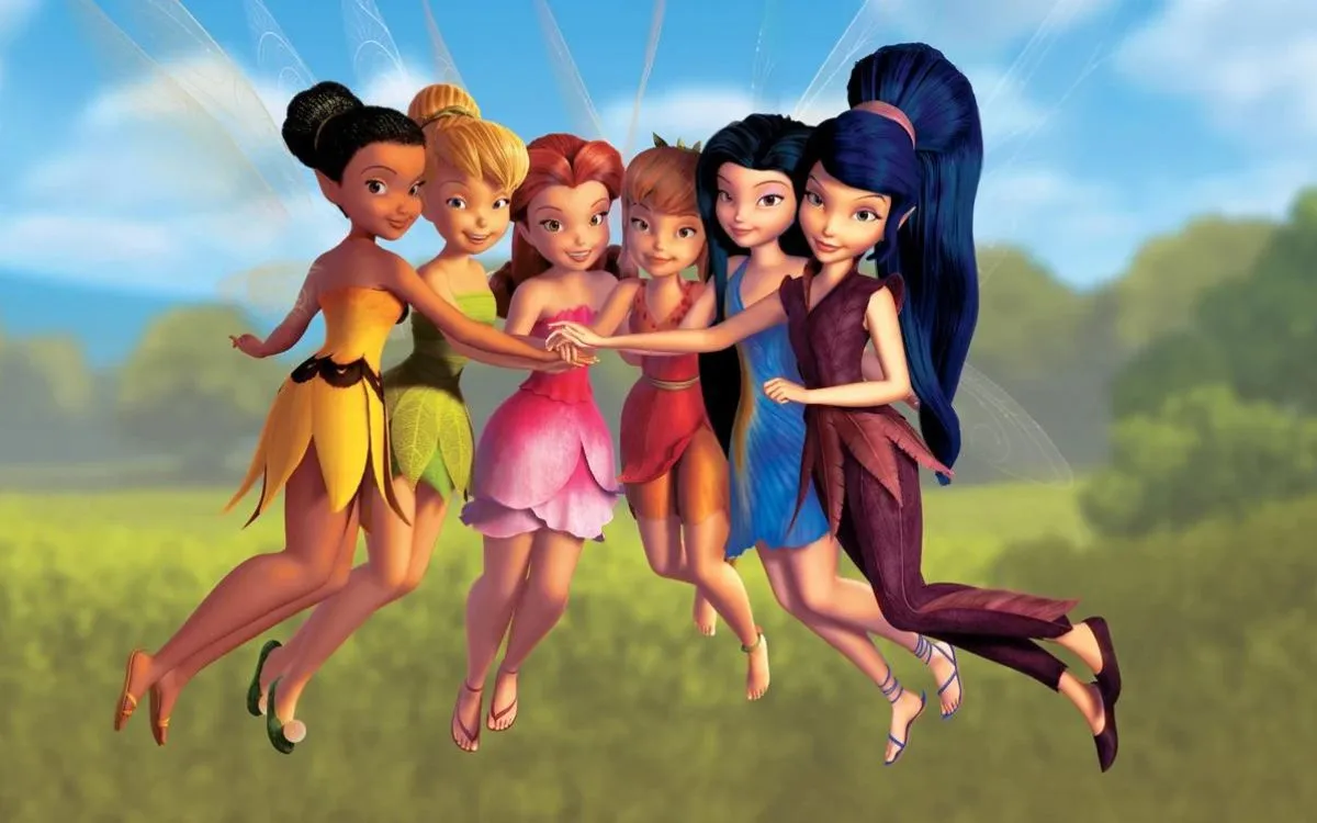 A group of animated fairies in the forest with their wings fluttering from the movies featuring Tinker Bell.