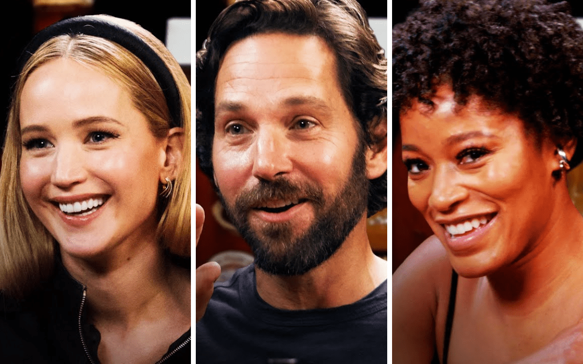 A Collage of stars from the show 'Hot Ones' with Jennifer Lawrence, Raul Rudd, and Keke Palmer