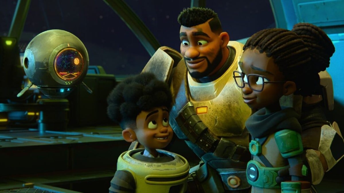 An animated Black family have a conversation while wearing space suits in "My Dad the Bounty Hunter"