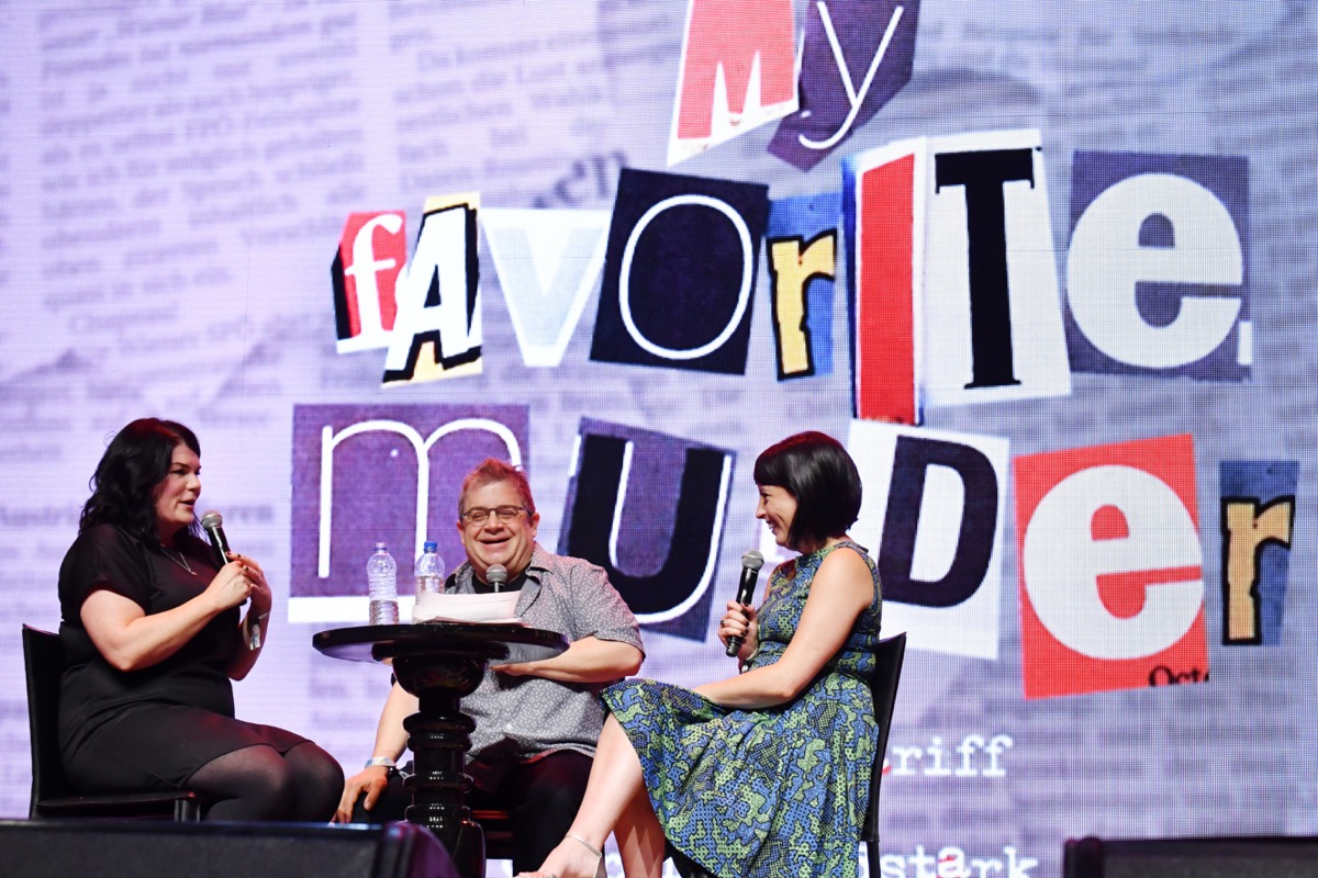 Karen Kilgariff, Patton Oswalt and Georgia Hardstark speak onstage at the 2019 Clusterfest.