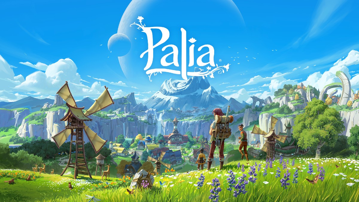 This is a screenshot of Palia MMO's official promo art. There are villagers standing on a hilltop overlooking a village. There's a snowy mountain in the distance and an enormous planet above it. This is a sweeping landscape shot of the great outdoors. The words "Palia" are superimposed on the top of the image.
