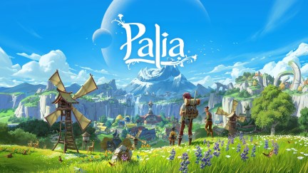 This is a screenshot of Palia MMO's official promo art. There are villagers standing on a hilltop overlooking a village. There's a snowy mountain in the distance and an enormous planet above it. This is a sweeping landscape shot of the great outdoors. The words 