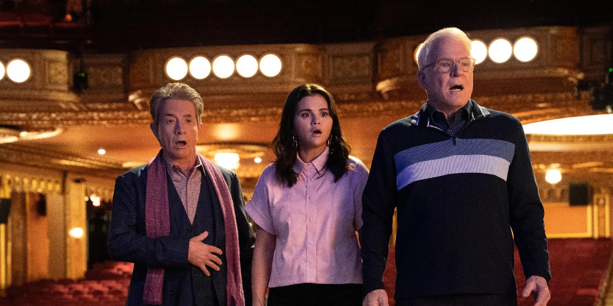 Martin Short as Oliver Putnam, Selena Gomez as Mabel Mora and Steve Martin as Charles-Haden Savage in Only Murders in the Building season 3