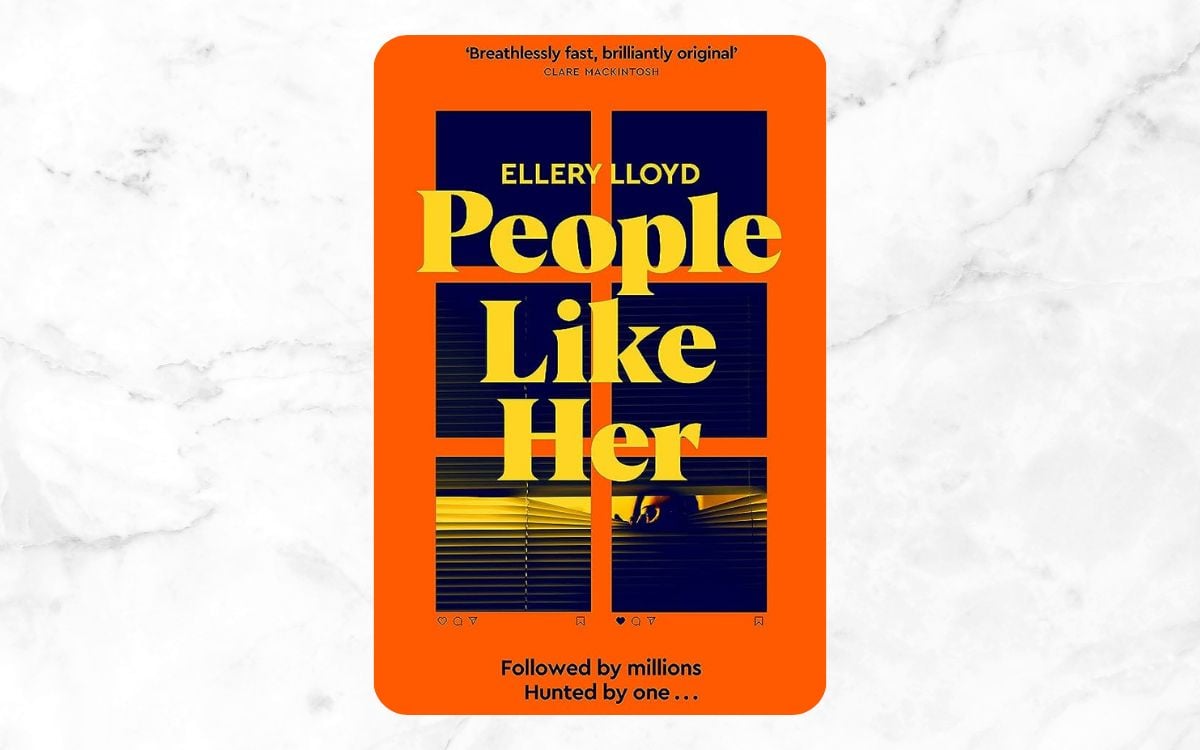 A woman pulling down the blinds and looking out the window on the cover of "People Like Her"