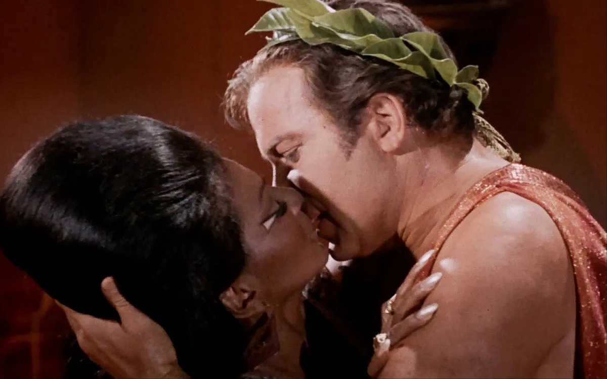 Uhura and Kirk kiss; it's the first interracial kiss on television in 'Star Trek: The Original Series' 
