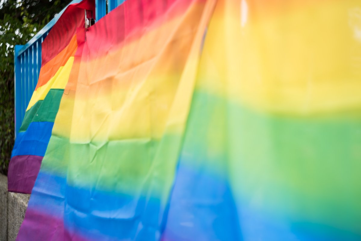 Rainbow Pride flags on a blue fence