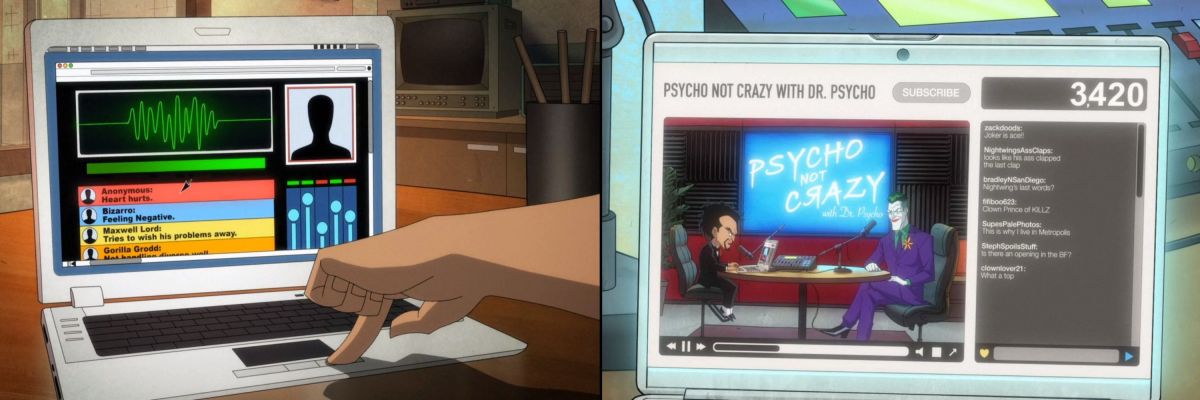 Dr. Psycho's chill podcast audience from season 3 next to his new, bad one from season 4.