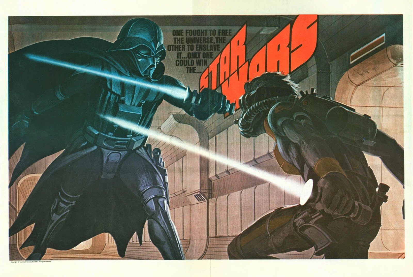 Darth Vader and Luke Skywalker battle with lightsabers in Ralph McQuarrie's early concept art for 'Star Wars.'