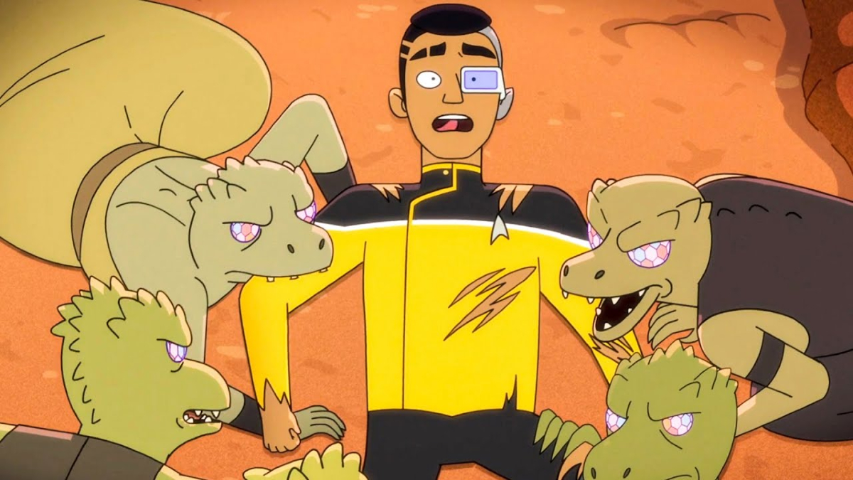Rutherford is attacked by several lizard-like Gorn in the animated series 'Star Trek: Lower Decks' 