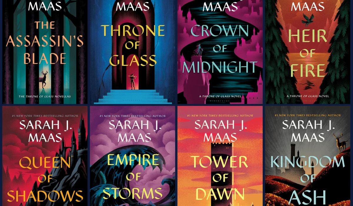 The books of the Throne of Glass saga with their newest covers