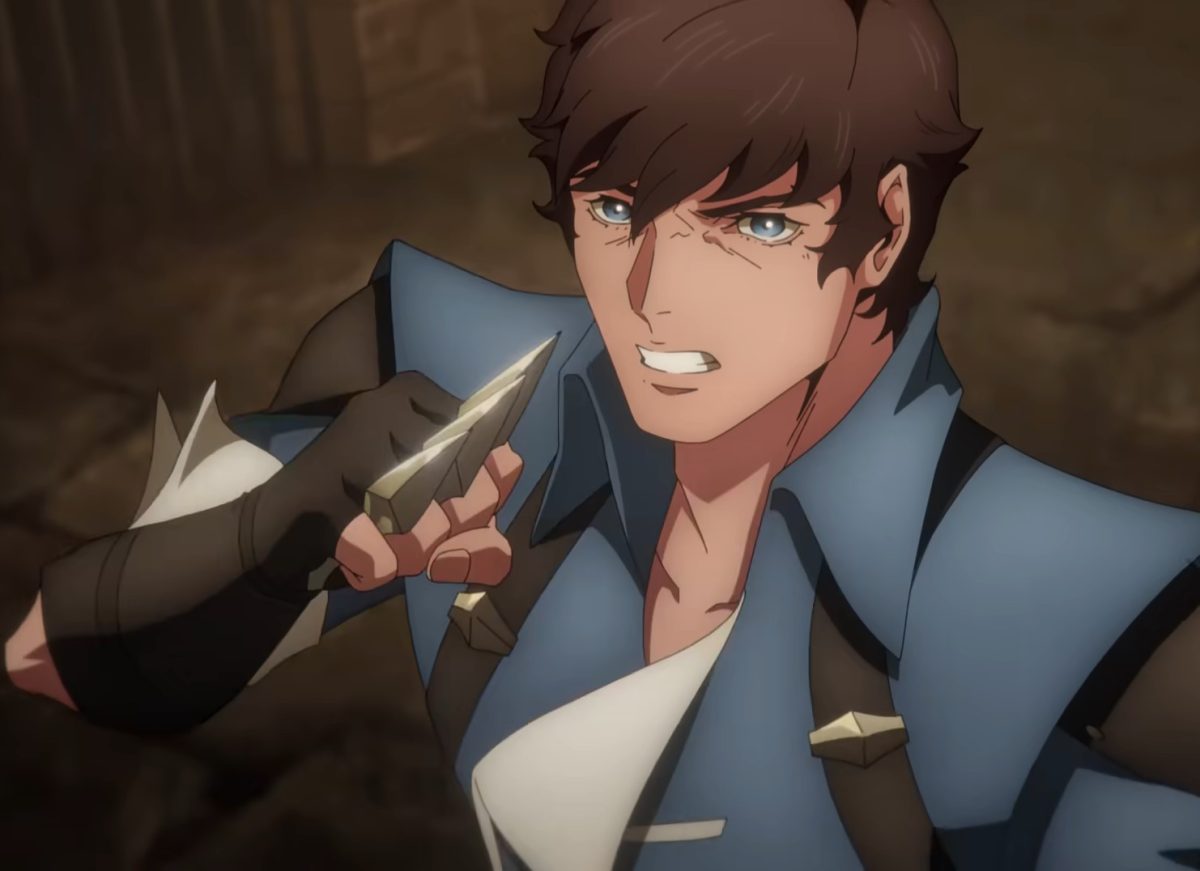 A screencap of Richter Belmont from the upcoming Castlevania: Nocturne, with one hand out holding what appears to be three throwing daggers, in between his fingers.