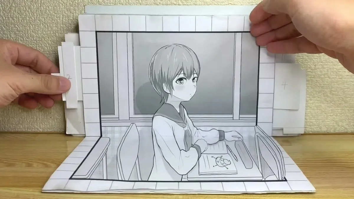 Still image from artist Shinrashinge's "Love Days" video. This features a young schoolgirl sitting at her classroom desk. She's looking outward, contemplating something.