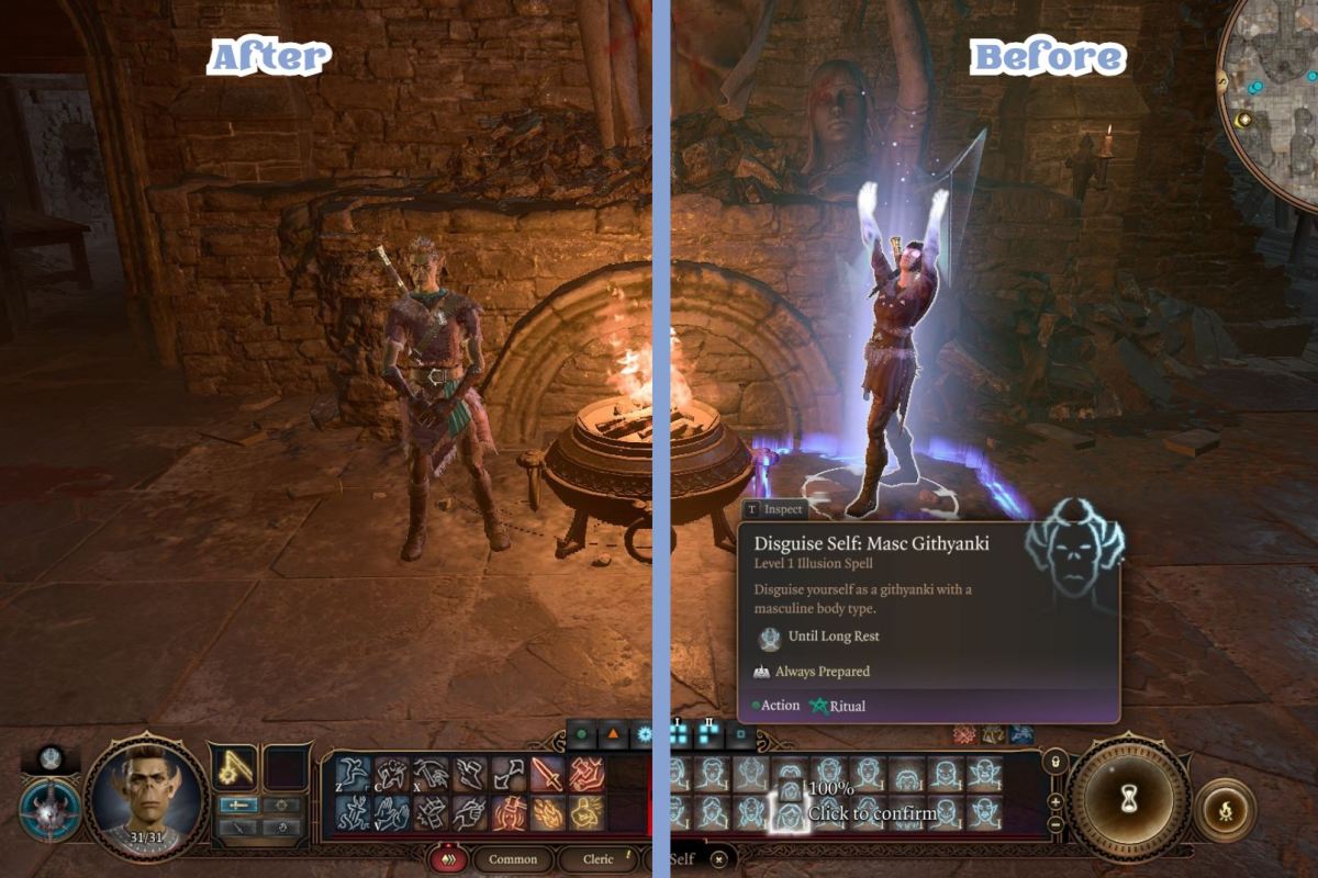 Before and after of Shadowheart changing into a Masc Githyanki (lol she hates the Gith) using Disguise Self spell.