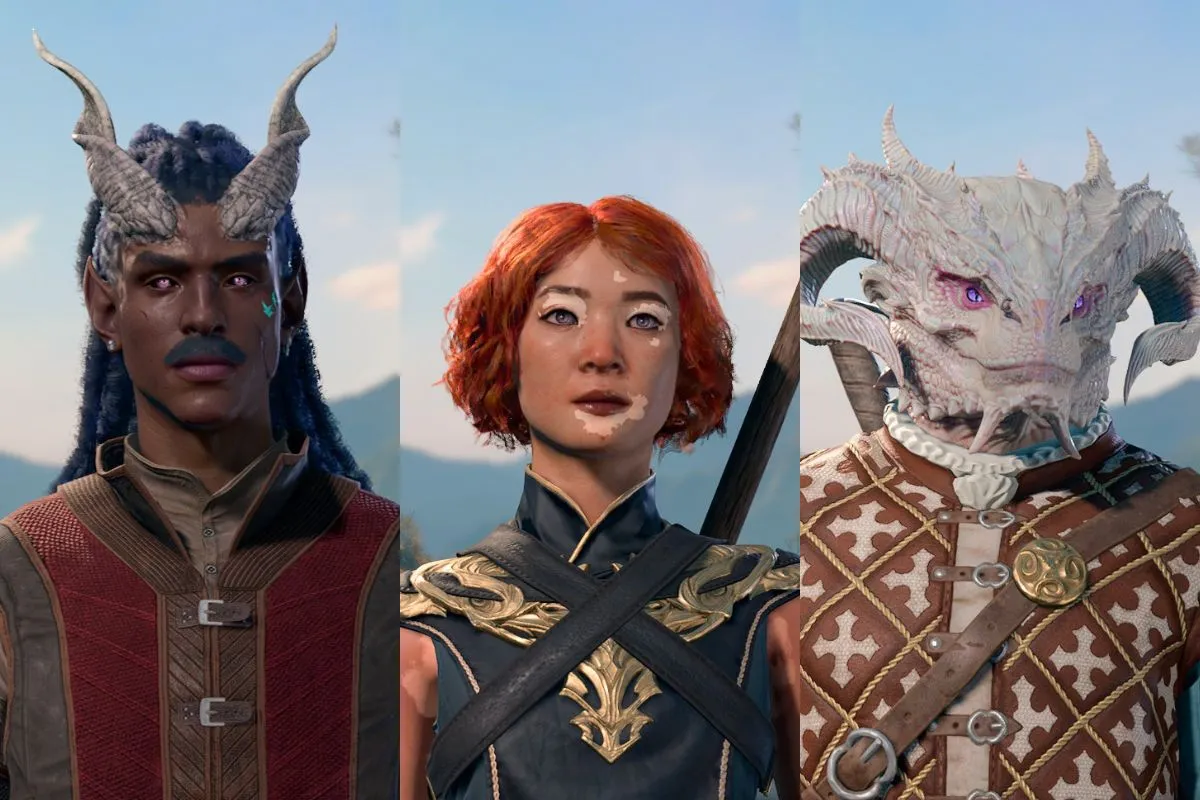 Tiefling Warlock, Human Sorcerer, and Dragonborn Bard in the character customization screen of Baldur's Gate 3.