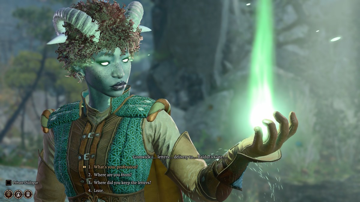 Alyssa (the adorable Tiefling Bard) speaking to a dead body found in the forest in 'Baldur's Gate 3.'