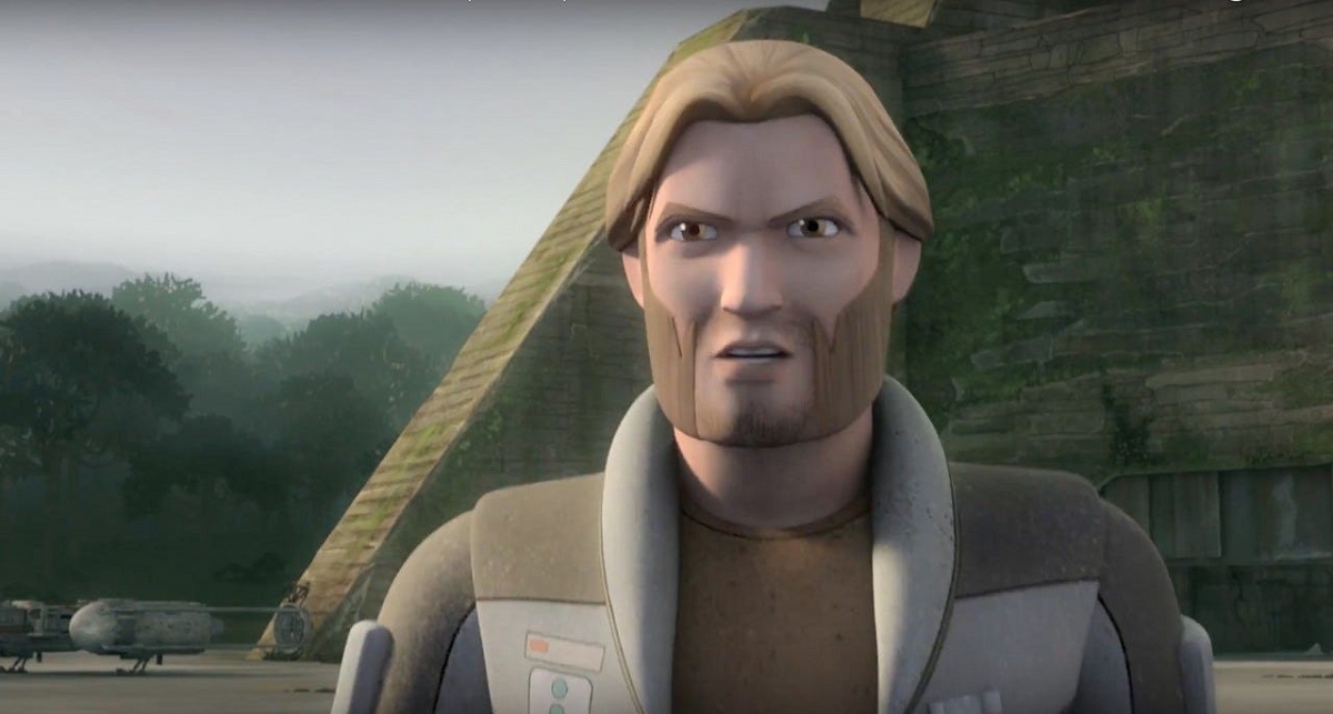Image of Agent Kallus, voiced by David Oyelowo, on Disney+'s 'Star Wars: Rebels." He is standing outside looking at someone angrily.