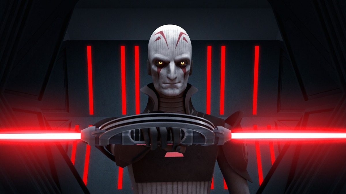 Image of the Grand Inquisitor, voiced by Jason Isaacs, on Disney+'s 'Star Wars: Rebels." He is staring ahead and holding out a red, double-sided light saber.