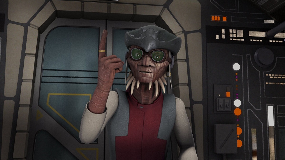 Image of Hondo Ohnaka, voiced by Jim Cummings, on Disney+'s 'Star Wars: Rebels." He is standing on a ship holding his finger up to make a point.