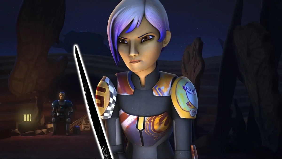 Image of Sabine Wren, voiced by Tiya Sircar, on Disney+'s 'Star Wars: Rebels." She is in her Mandalorian armor, but wearing no helmet as she holds up the Darksaber outside in the evening.