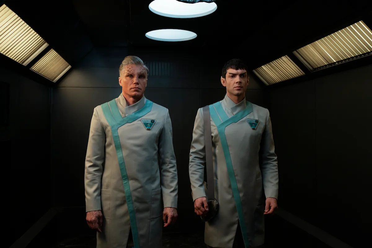Anson Mount as Pike and Ethan Peck as Spock of the Paramount+ original series STAR TREK: STRANGE NEW WORLDS.
