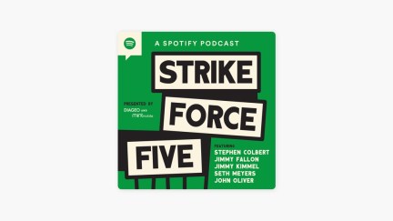 Official show logo for Stephen Colbert, Jimmy Fallon, Jimmy Kimmel, Seth Meyers, and John Oliver's podcast Strike Force Five.