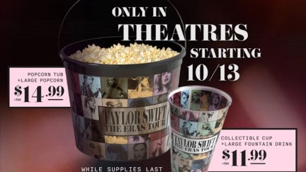 Taylor Swift Eras Tour movie popcorn bucket and cup (via AMC)