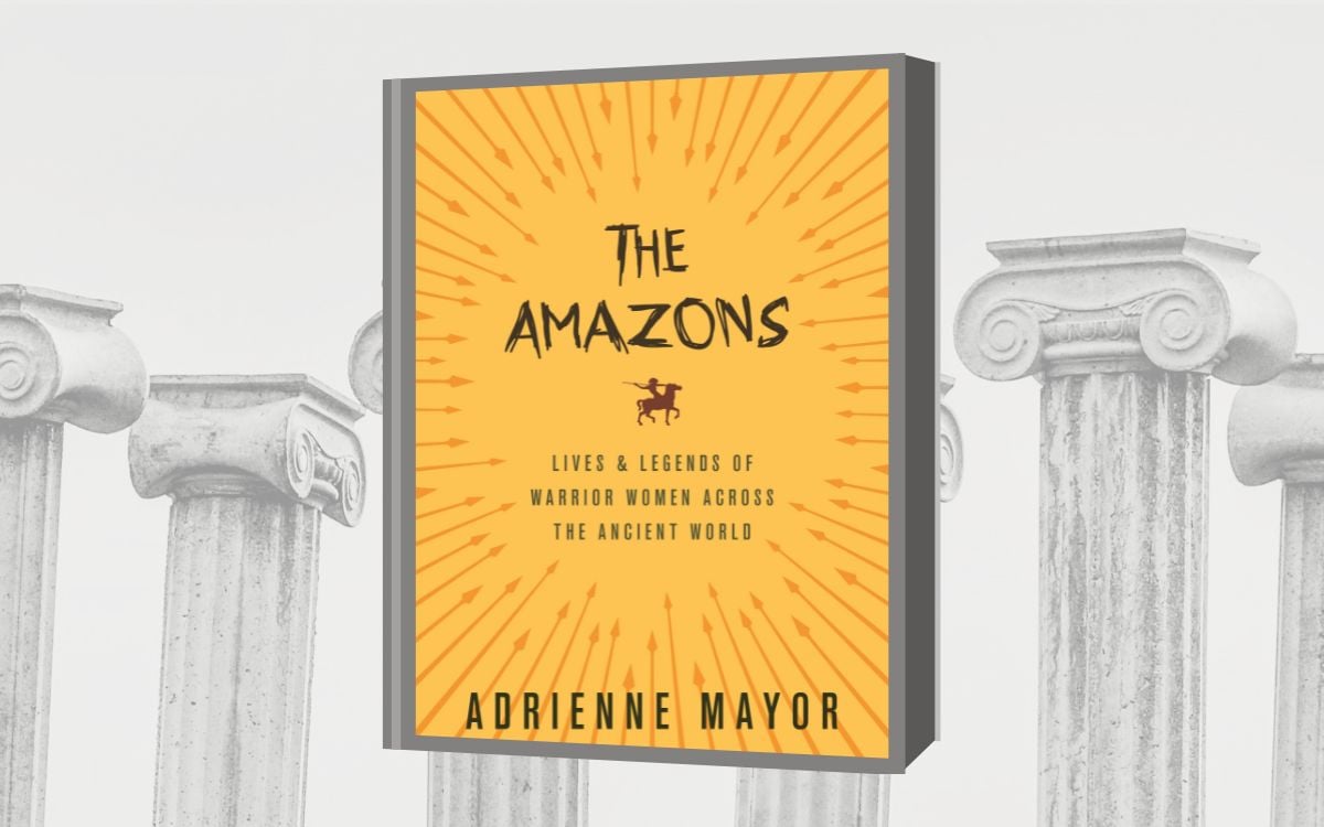 On a background of Greek columns, the cover for "The Amazons" by Adrienne Mayor shows a small soldier on a horse 