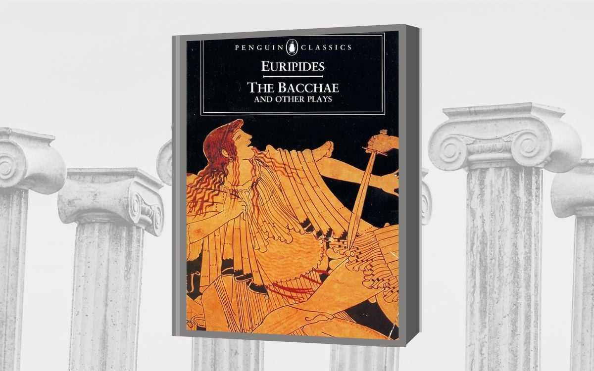 On a background of Greek columns, the cover for "The Bacchae and Other Plays" translated by John Davie has a Greek drawing of a person in a fight.