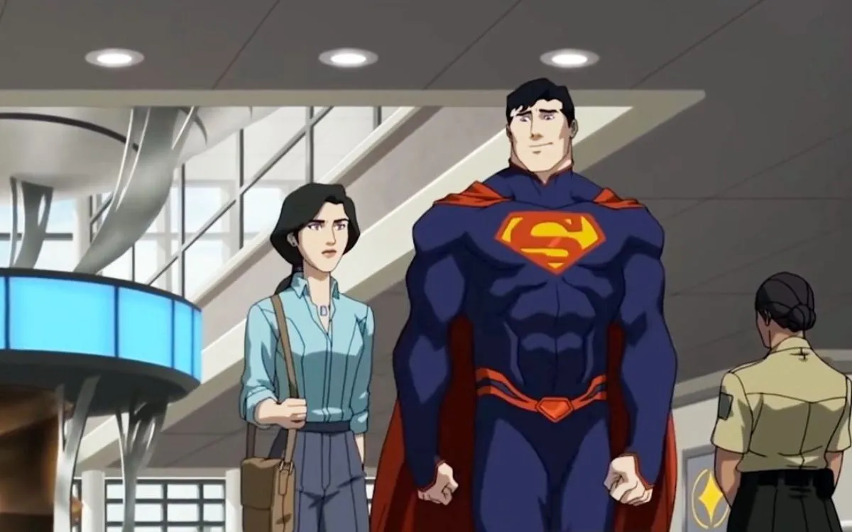 An animated Superman walks through an office building in "The Death of Superman"