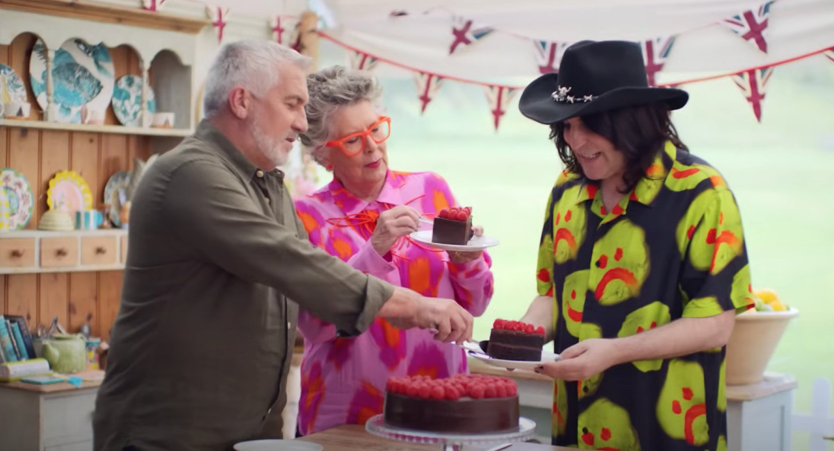 Paul Hollywood, Prue Leith, and Noel Fielding serving cake in the trailer for 'The Great British Bake Off 2023'