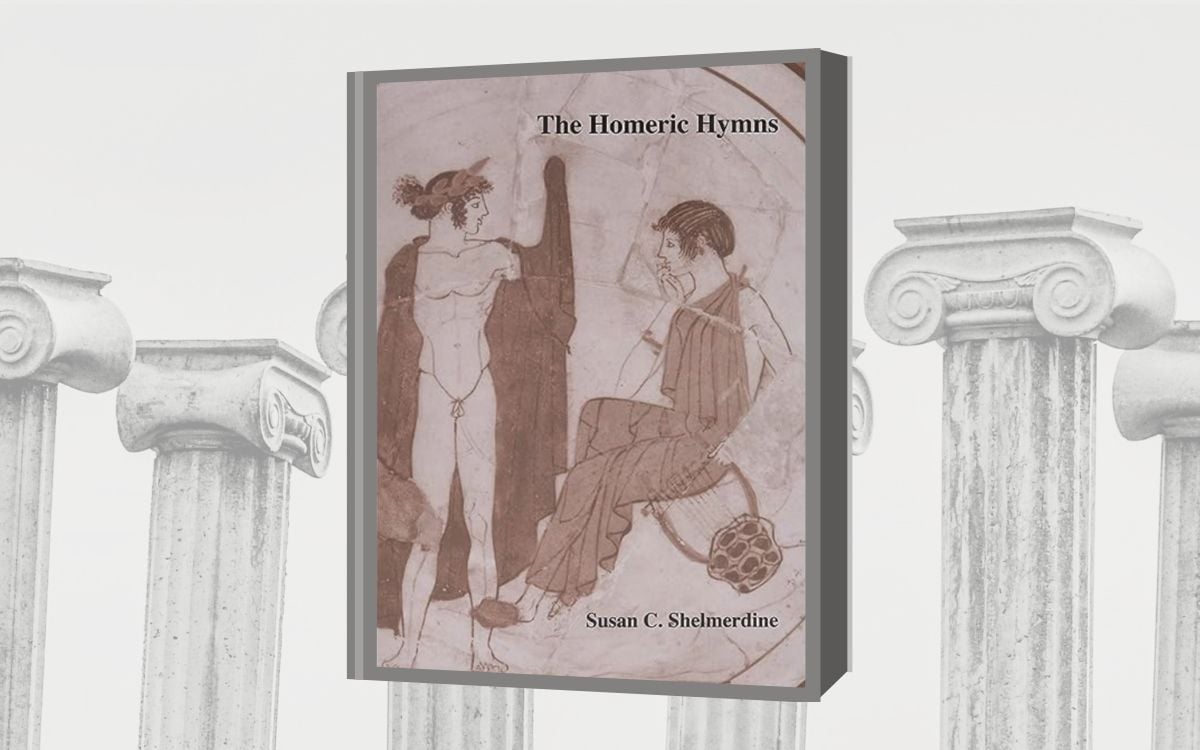 On a background of Greek columns, the cover for "The Homeric Hymns" translated by Susan Shelmerdine has two people in conversation while one holds a musical instrument.