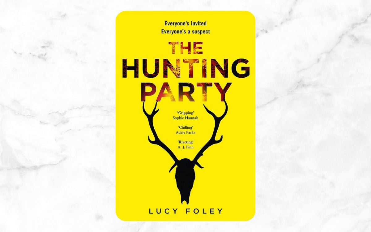 An animated deer head on a bright yellow background on the cover of "The Hunting Party"