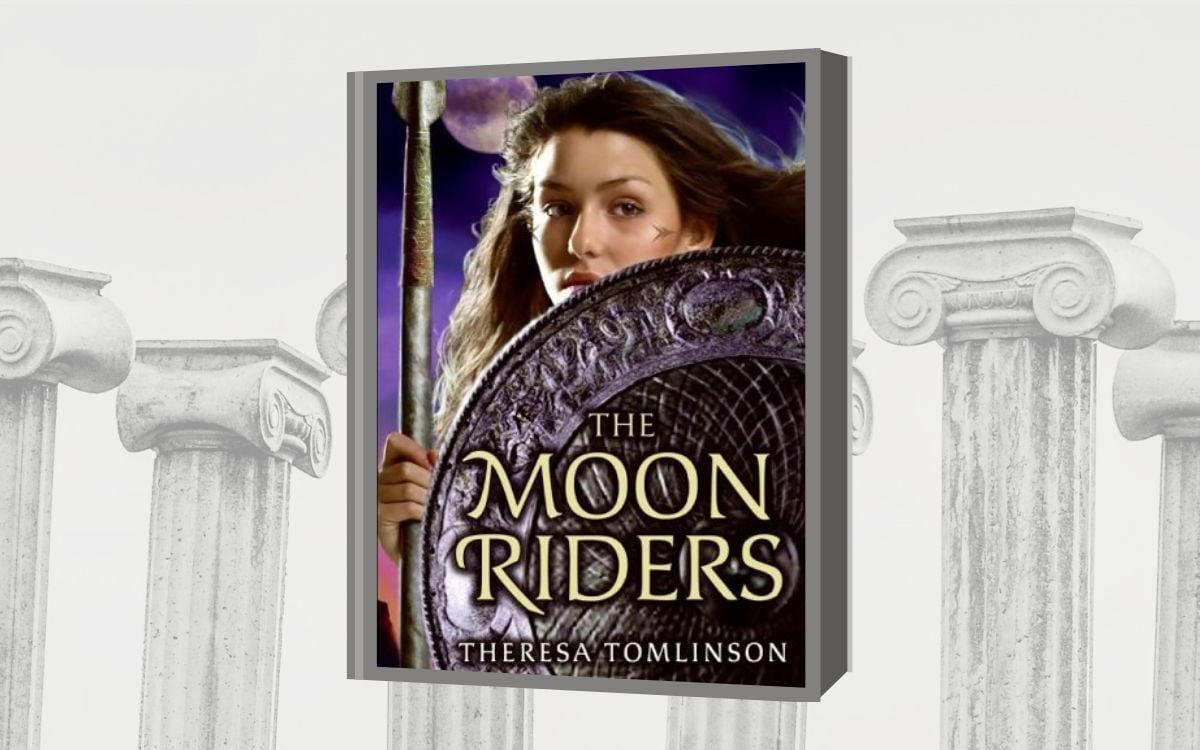 On a background of Greek columns, the cover for "The Moon Riders" by Theresa Tomlinson has a young warrior woman holding a shield.