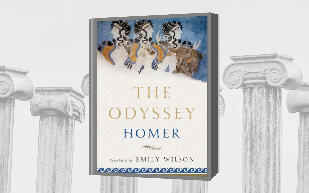 On a background of Greek columns, the cover for "The Odyssey" translated by Emily Wilson shows a greek chorus.