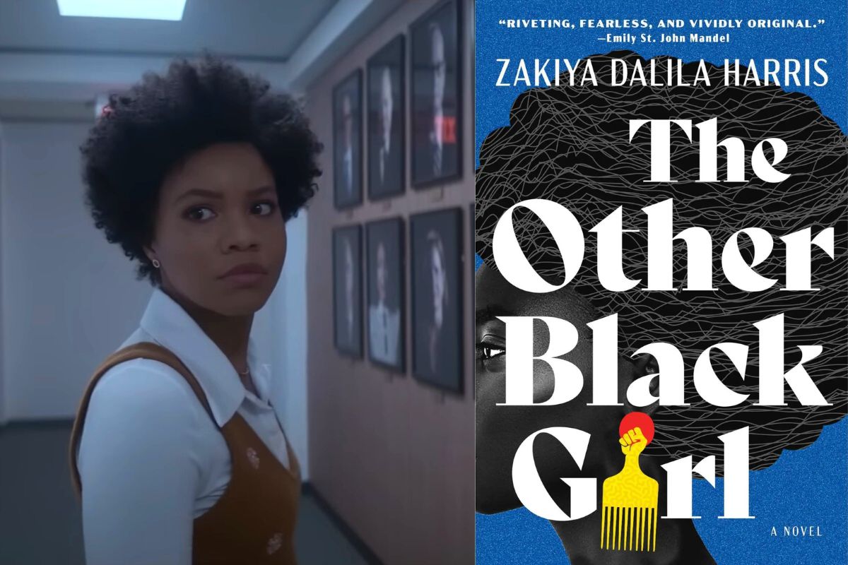 Sinclair Daniel as Nella in 'The Other Black Girl' next to the book.