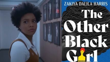 Sinclair Daniel as Nella in 'The Other Black Girl' next to the book.