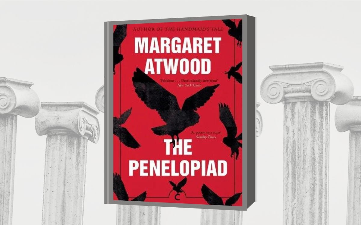 On a background of Greek columns, the cover for "The Penelopiad" by Margaret Atwood has  Black birds floating on a red cover.