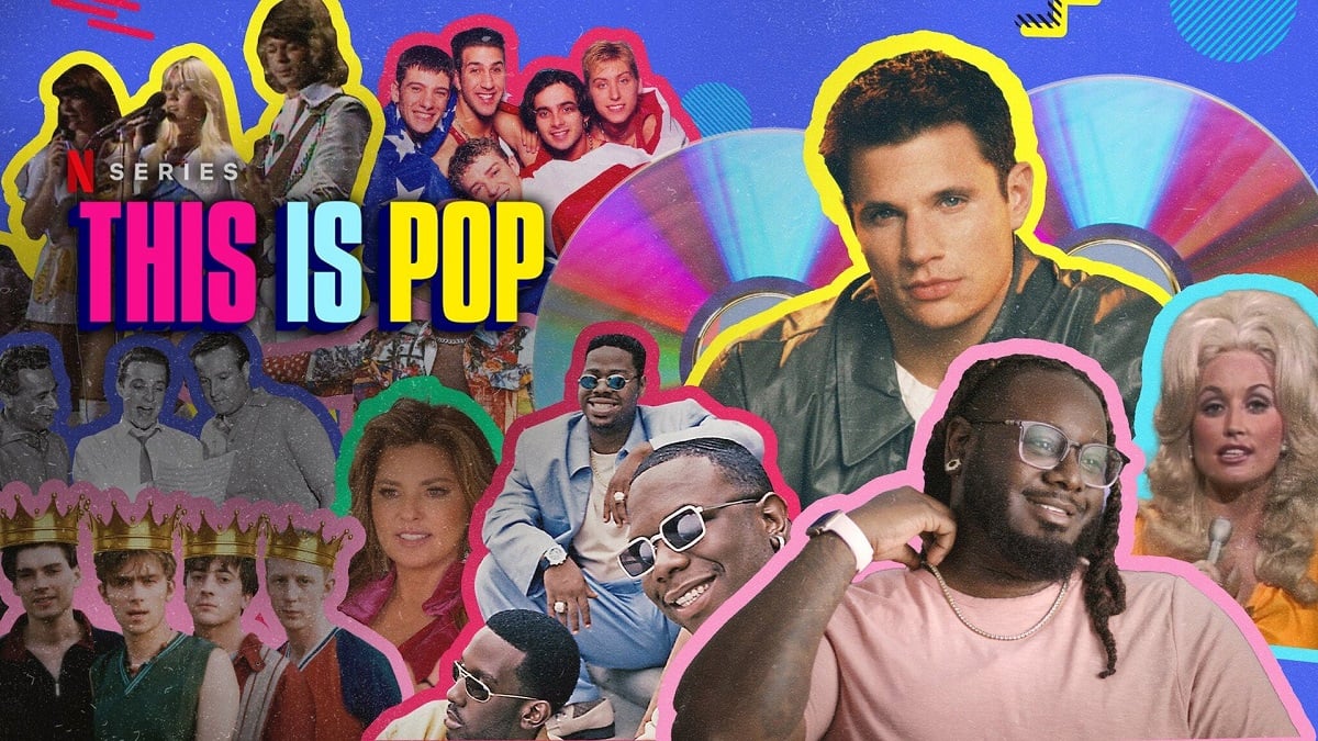 Promotional graphic for the Netflix docuseries 'This is Pop.' The title appears in the upper left-hand corner in pink, blue, and yellow block letters. The rest of the image is a collage featuring musicians throughout history, from T.I, Nick Lahey, and Boys II Men, to Dolly Parton, Blur, and N'Sync.