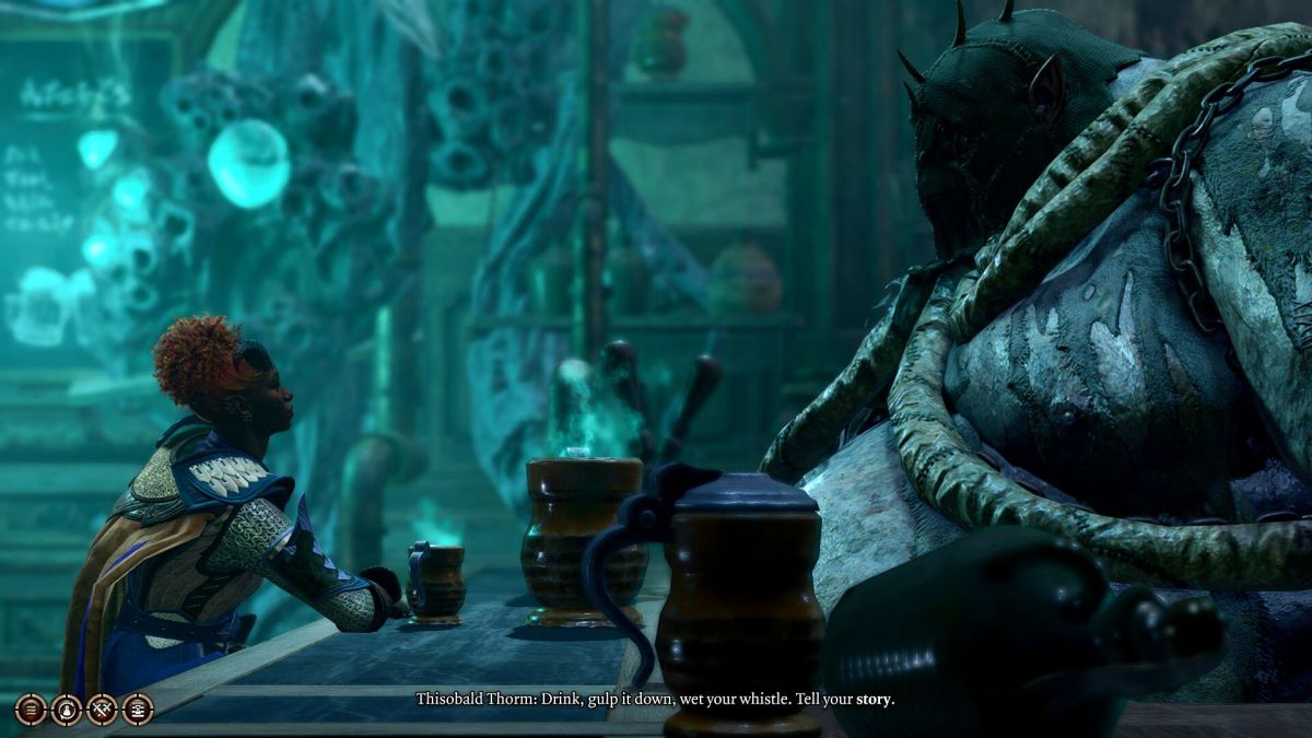 My Tiefling Wizard at the bar preparing to speak with Thisobald at The Waning Moon.