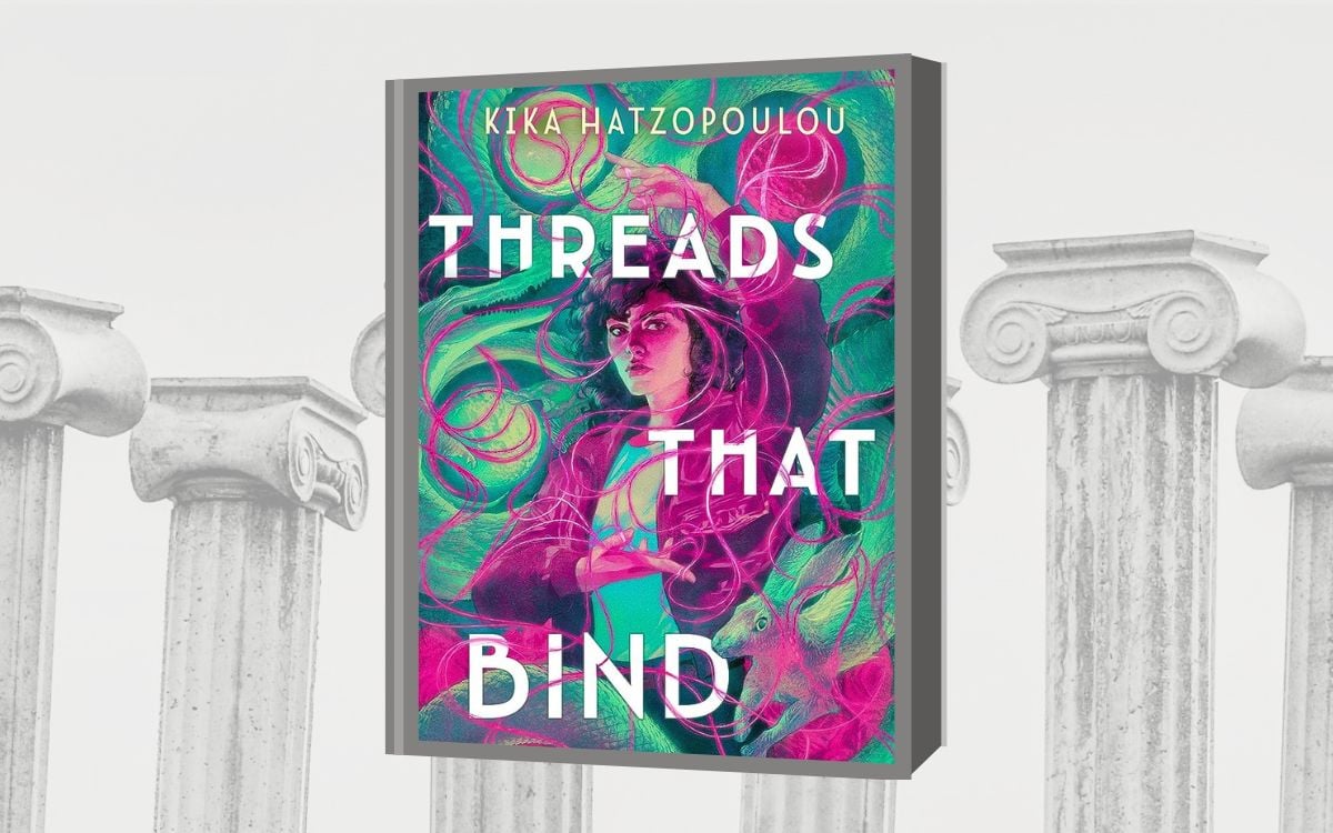 On a background of Greek columns, the cover for "Ties That Bind" by Kika Hatzopoulou shows a young person with their arms wide covered with colorful thread.