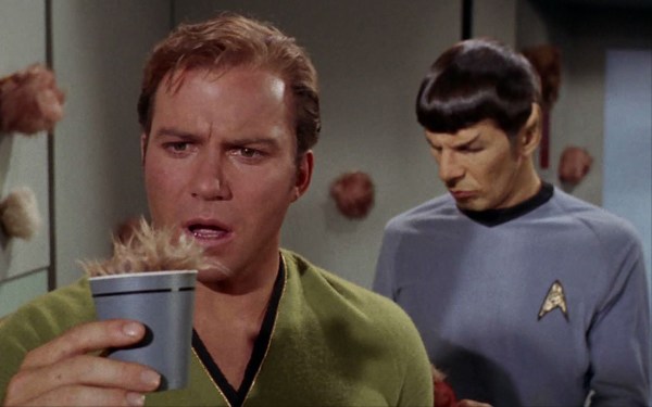 Captain Kirk holding a tribble in a cup as Spock stands behind him