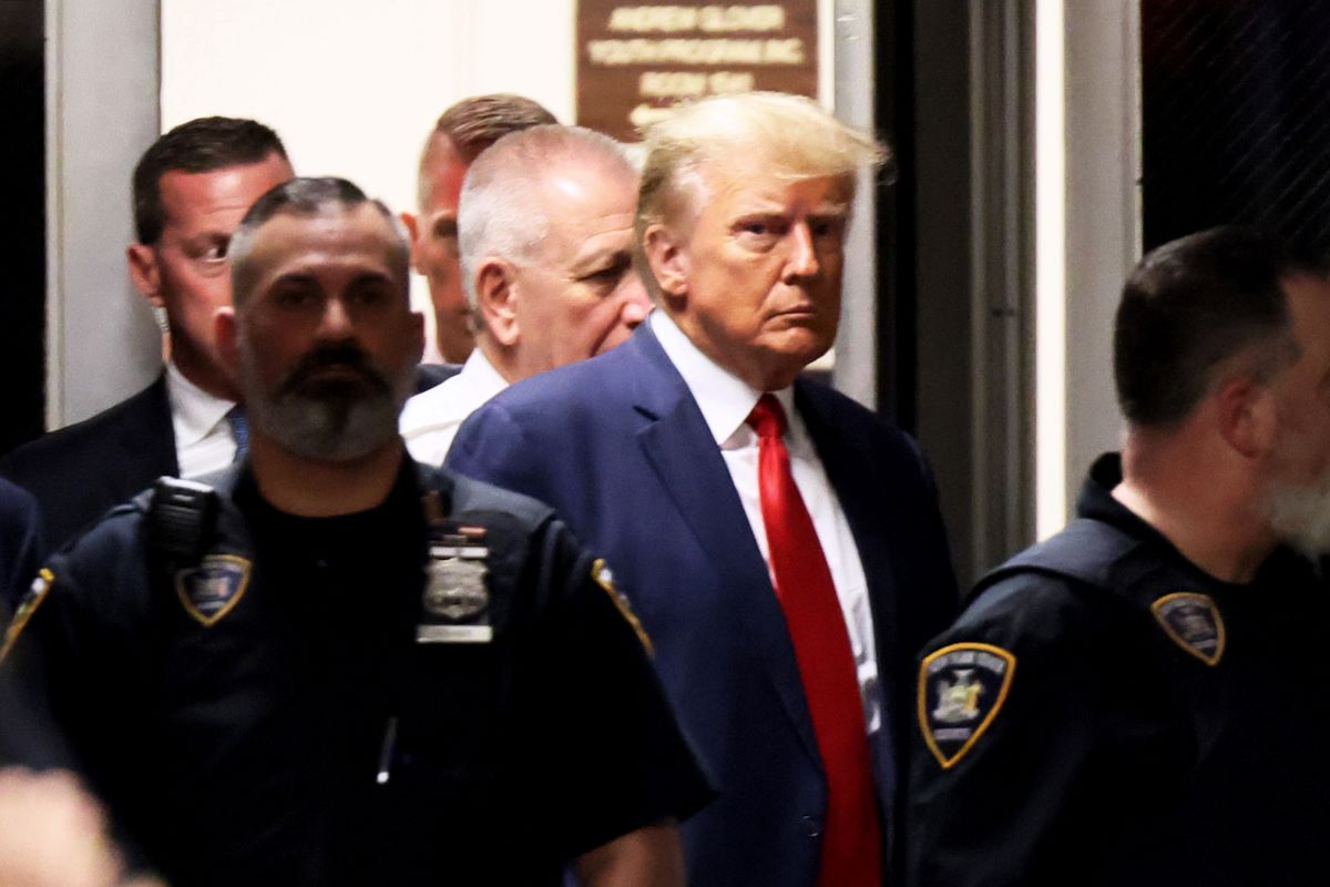Former U.S. President Donald Trump arrives for his arraignment at Manhattan Criminal Court on April 04, 2023, in New York City.