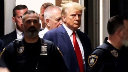Former U.S. President Donald Trump arrives for his arraignment at Manhattan Criminal Court on April 04, 2023, in New York City.