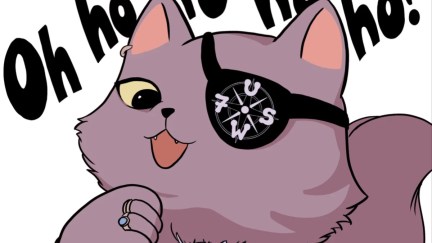 United Workers of Seven Seas cat: a brown pirate cat with an eye patch that reads UW7S
