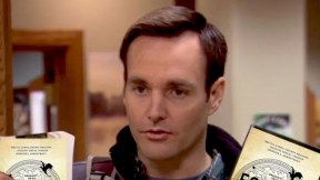 Will Forte in Parks and Rec holding Photoshopped Fourth Wing books.