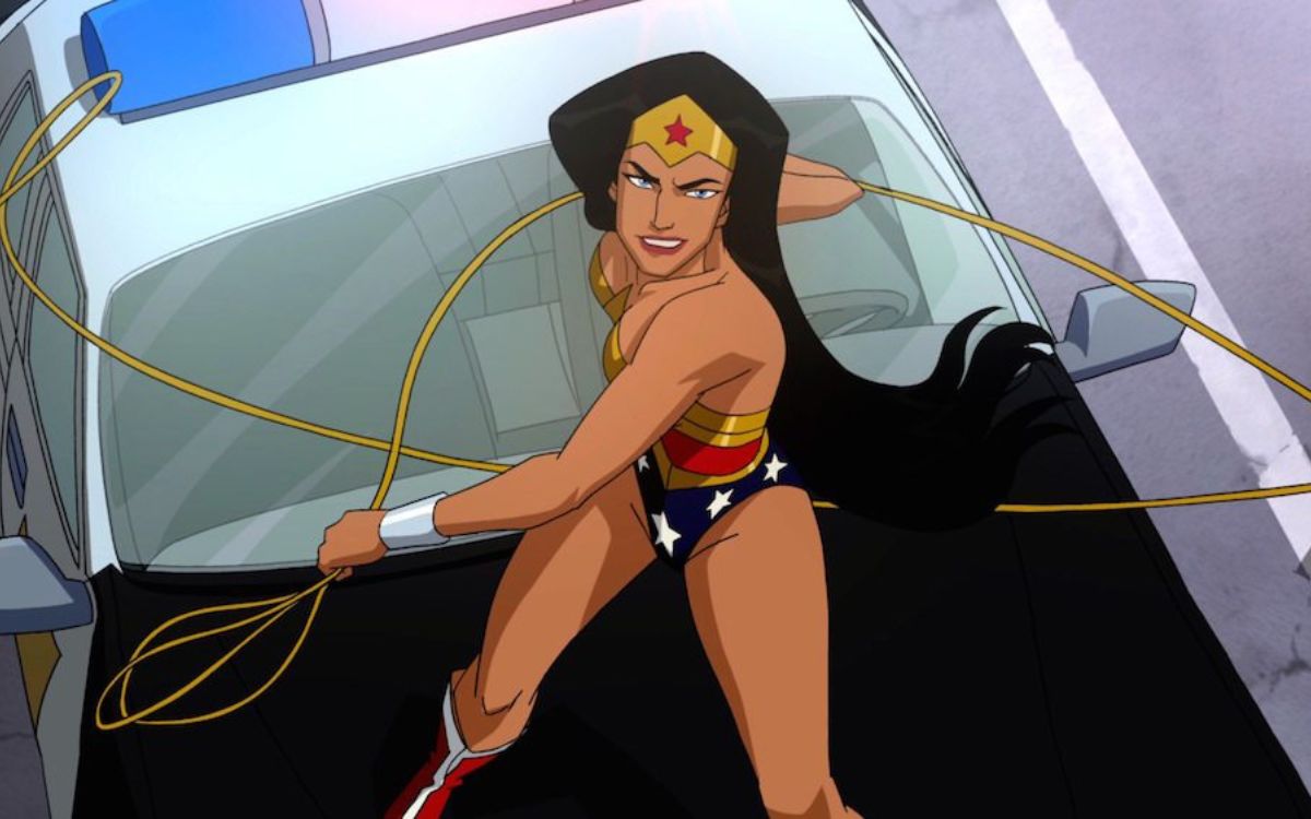 An animated Wonder Woman readies her rope while standing on a cop car in "Wonder Woman"