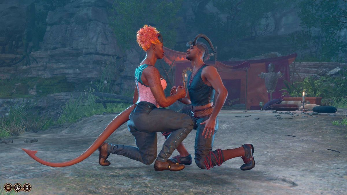 Wyll and Alyssa dancing at camp in Baldur's Gate 3. 