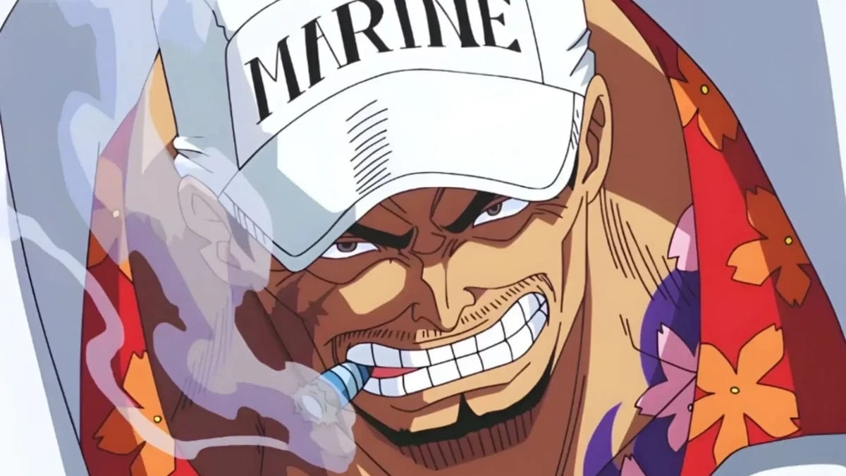 Akainu smoking a cigar angrily in 'One Piece'.