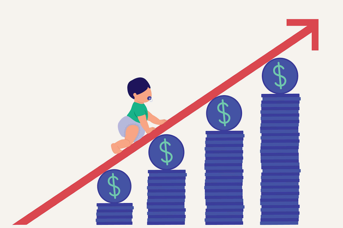 An illustration of a red line of a graph shooting upward, with stacks of coins underneath the line and a baby crawling up the line.
